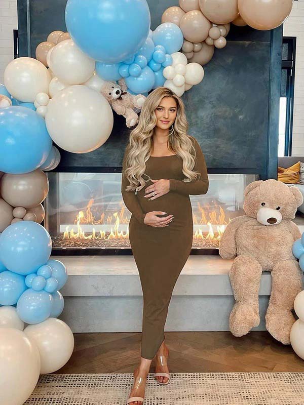 Momyknows Coffee U neck Bodycon Daily Going out Baby Shower Maternity Photoshoot Maxi Dress