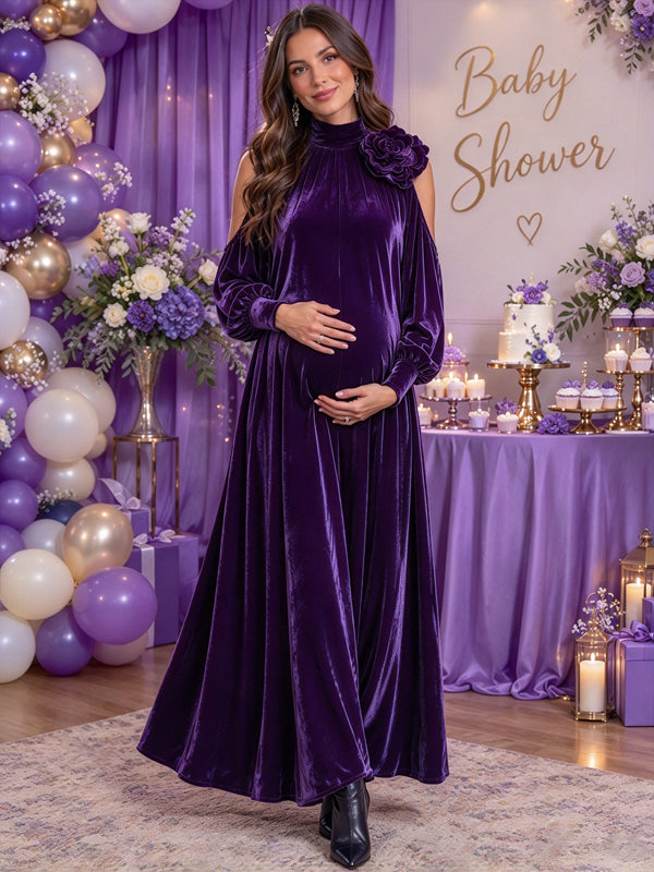 Purple Elegant Maternity Maxi Dress with Off Shoulder Styling and Textured 3D Floral Details
