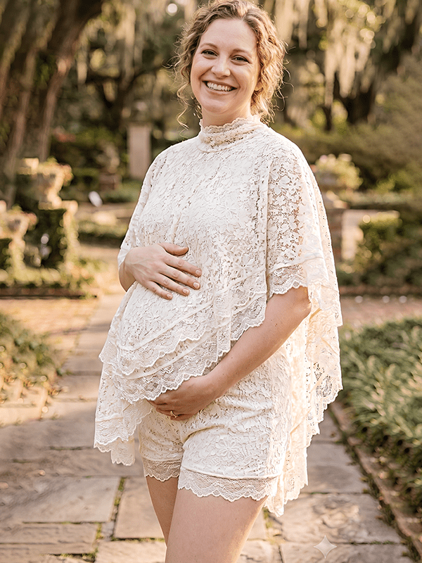 Momyknows Lace Halter Neck Backless 2-in-1 Photoshoot Vacation Maternity Tops Shorts - Ivory - 3