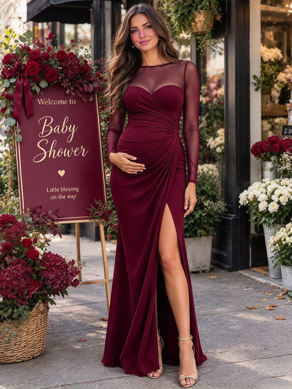 Wine Red Sheer Maternity Maxi Dress with Ruched Details and Side Slit and Flattering Fit, Baby Shower Occasion
