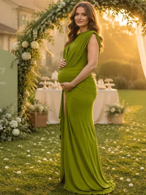 Momyknows Green Ruffle Side Slit Ruched Trumpet Maternity Baby Shower Maxi Dress - Green - 2