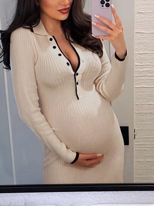 Momyknows White V-neck Knitted Slim Fit  Maternity Midi Dress