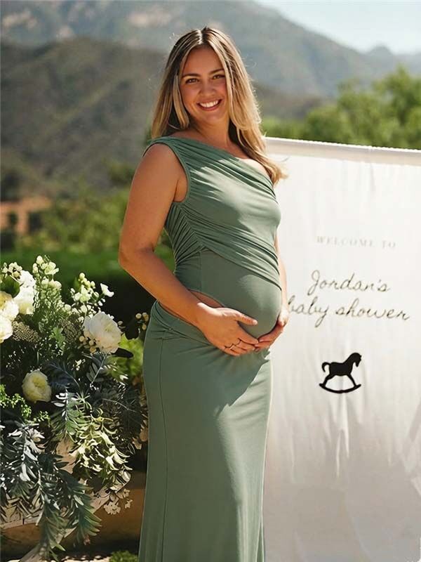 Momyknows Chic Green Irregular Asymmetric Shoulder Bodycon Tulle Photoshoot Baby Shower Maternity Maxi Dress