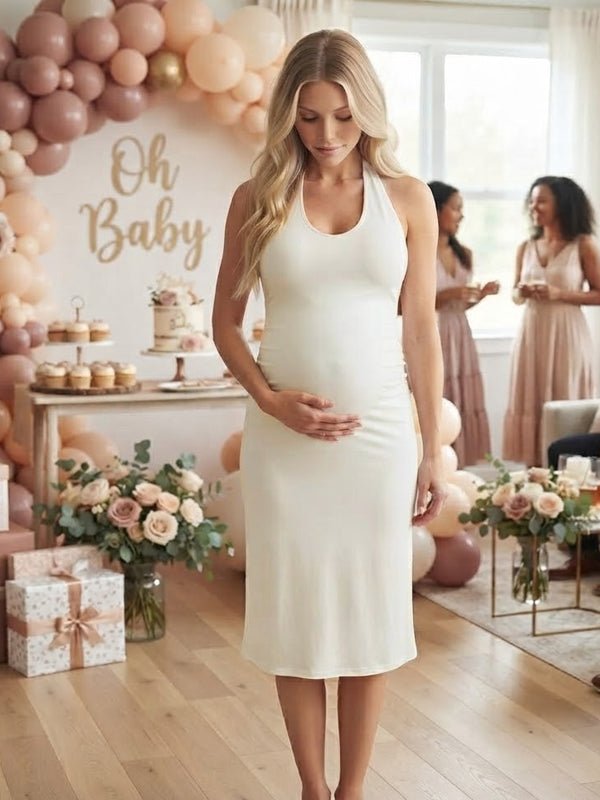 Momyknows Apricot Halter Neck Open Back Lace-Up Mermaid Splicing Baby Shower Midi Dress - Apricot - 2