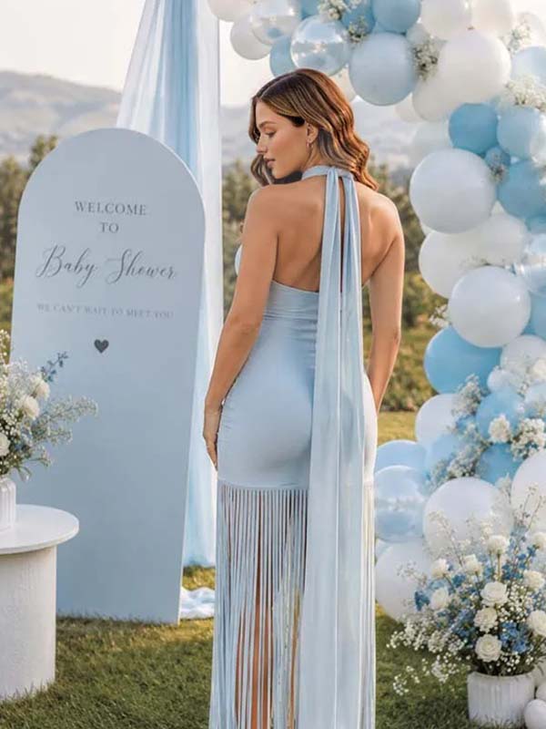 Momyknows Sky Blue Ruffle Tassel Halter Neck Lace-up Backless Maternity Baby Shower Maxi Dress - Sky Blue - 3