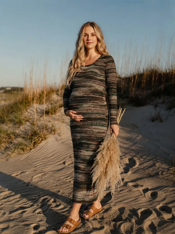 Green Striped Maternity Maxi Dress with Side Slit and Flattering Fit, Photoshoot
