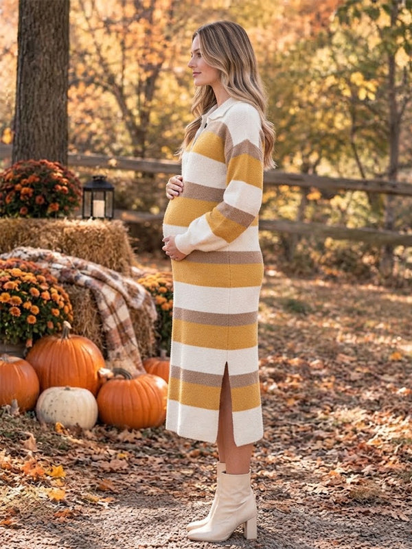 Yellow Striped Sweater Maternity Midi Dress with Slit and Colorblock Detail and Elegant Silhouette