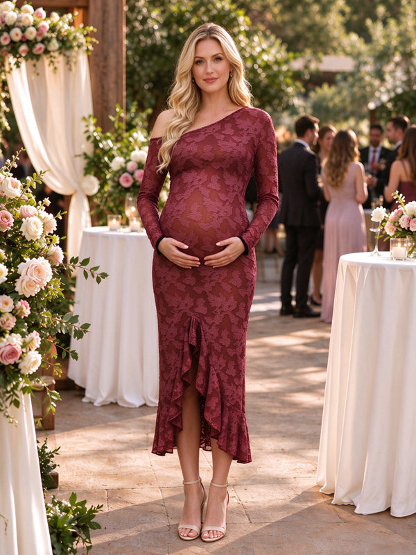 Maroon maternity maxi dress with an oblique shoulder neckline and falbala ruffles, featuring an elegant flowing silhouette for wedding guests