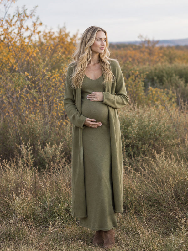 Dark Green Two Piece Maternity Maxi Dress with Crochet Cardigan and Layered Silhouette, Photoshoot Occasion