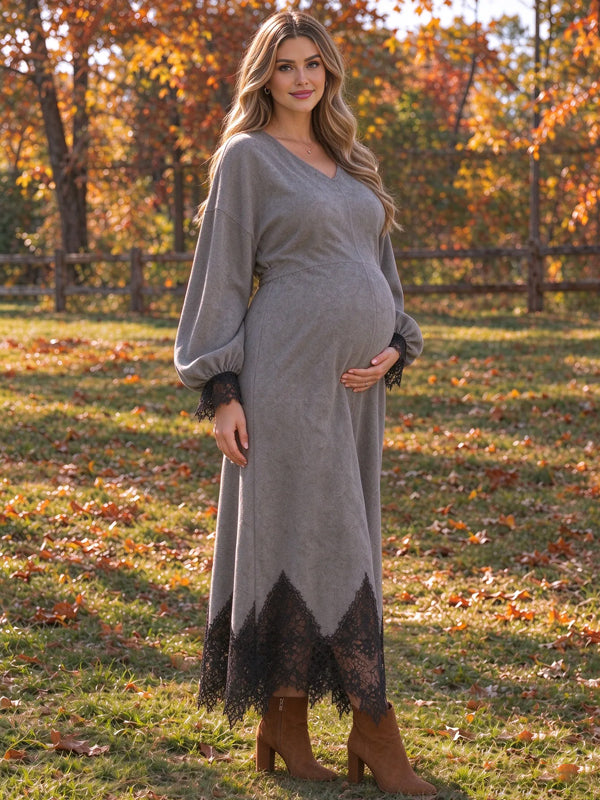 Grey Maternity Maxi Dress with Lace Inserts and Asymmetrical Hem and Flattering Fit, Photoshoot Occasion
