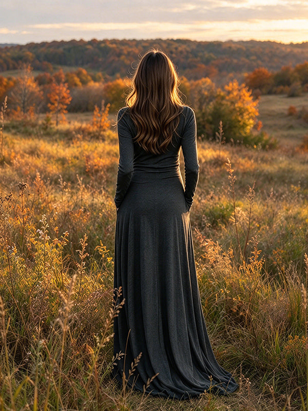 Grey Maternity Maxi Dress with High Neck and Ruched Design and Practical Pockets