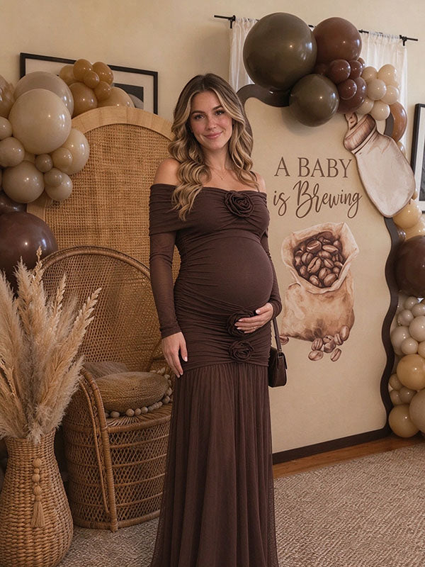 Brown Ruched 3D Flowers Baby Shower Maternity Maxi Dress