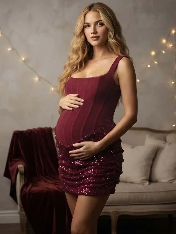 Momyknows Red Splicing Lace-up Sequin Maternity Photoshoot Mini Dress - Red - 2