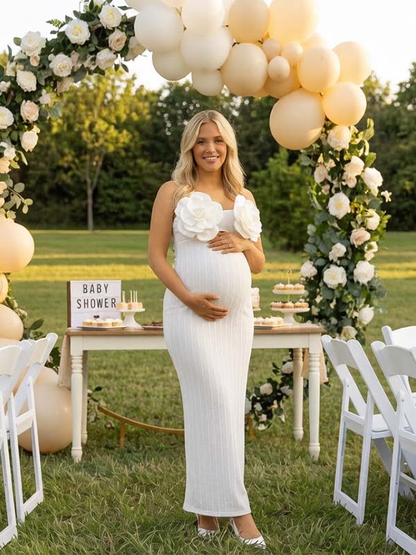Momyknows White Ruffle Lace Spaghetti Strap Backless 3D Big Flowers Maternity Baby Shower Maxi Dress - White - 2