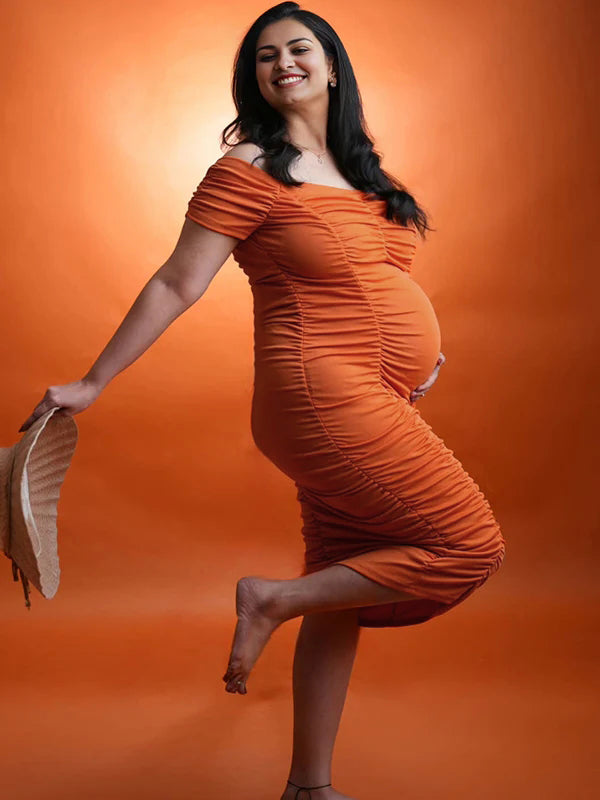Momyknows Orange Off Shoulder Ruched Backless Maternity Photoshoot Midi Dress
