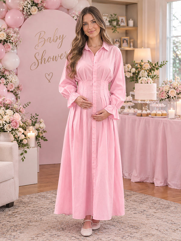 Pink Maternity Maxi Dress with Ruffle Details and Ruched Lace Up Design