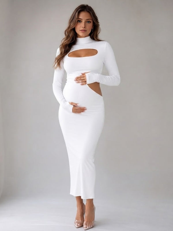 White Bodycon Maternity Midi Dress with Irregular Crop Top Design and Flattering Fit, Photoshoot Occasion