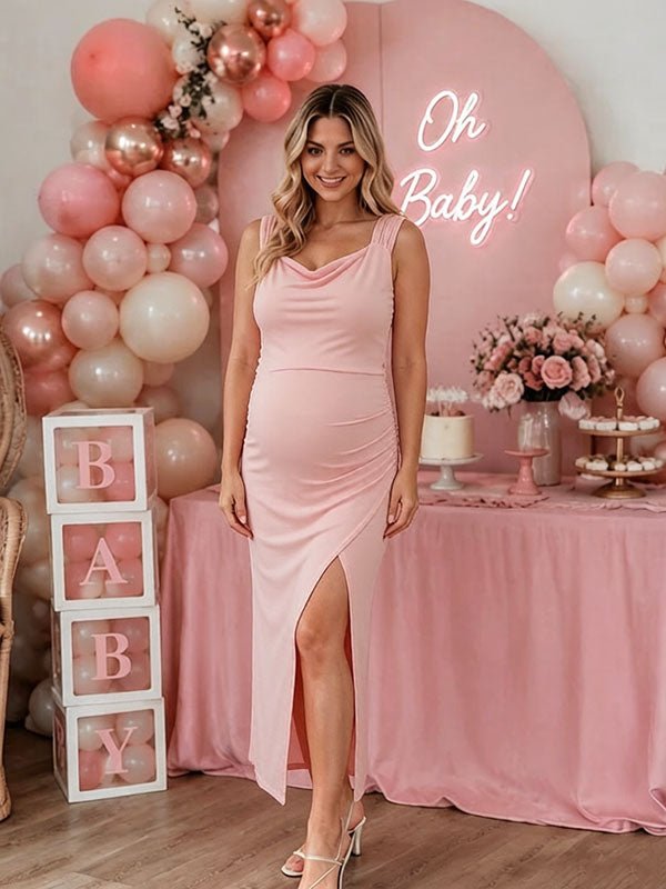 Momyknows Elegant Bodycon Side Slit Backless Lace-Up Baby Shower Maternity Maxi Dress - Pink - 2