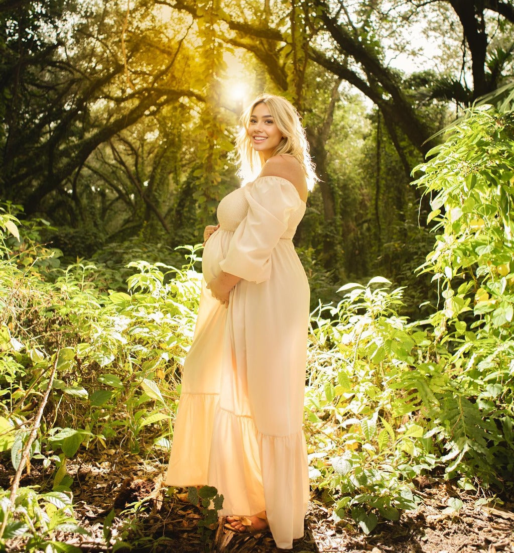 Momyknows Ruffle High Waist Falbala Long Sleeve Plus Size Baby Shower Maternity Midi Dress Apricot / L Momyknows Ruffle High Waist Falbala Long Sleeve Plus Size Baby Shower Maternity Midi Dress Apricot / L