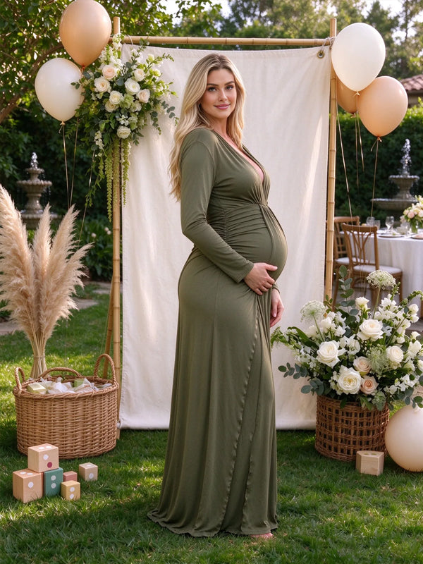 Green maternity dress with a plunging V-neckline, a stylish front knot and layered ruffle details
