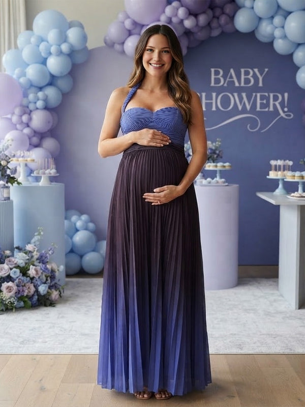 Blue Ruched Maternity Maxi Dress with Gradient Color and Backless Design