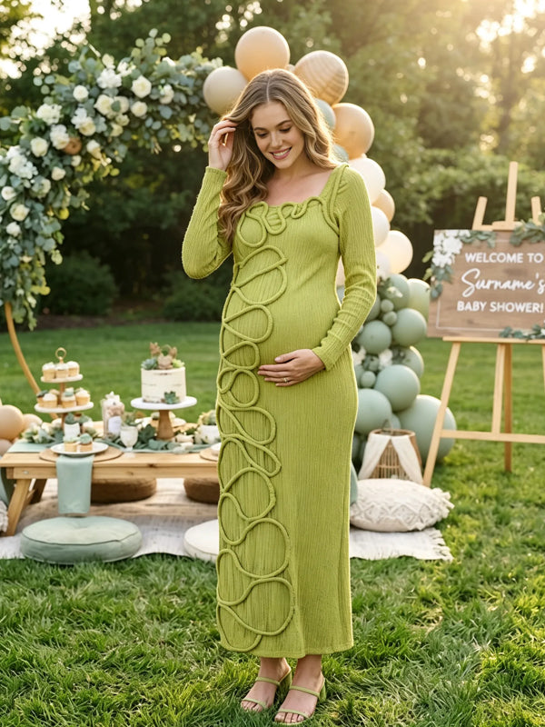 Green Long-Sleeve Maternity Dress with Ruffle Details and Square Neckline