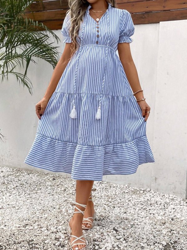 Momyknows Fashion Blue Striped Lace Up Tassel Maternity Midi Dress - Blue - 2