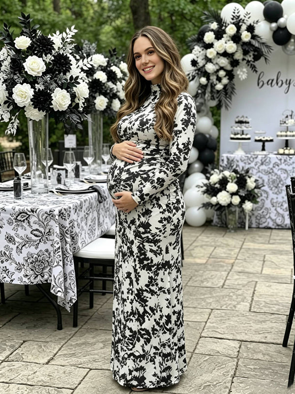 Black Floral Print Maternity Dress with Ruffle Details and High Neck