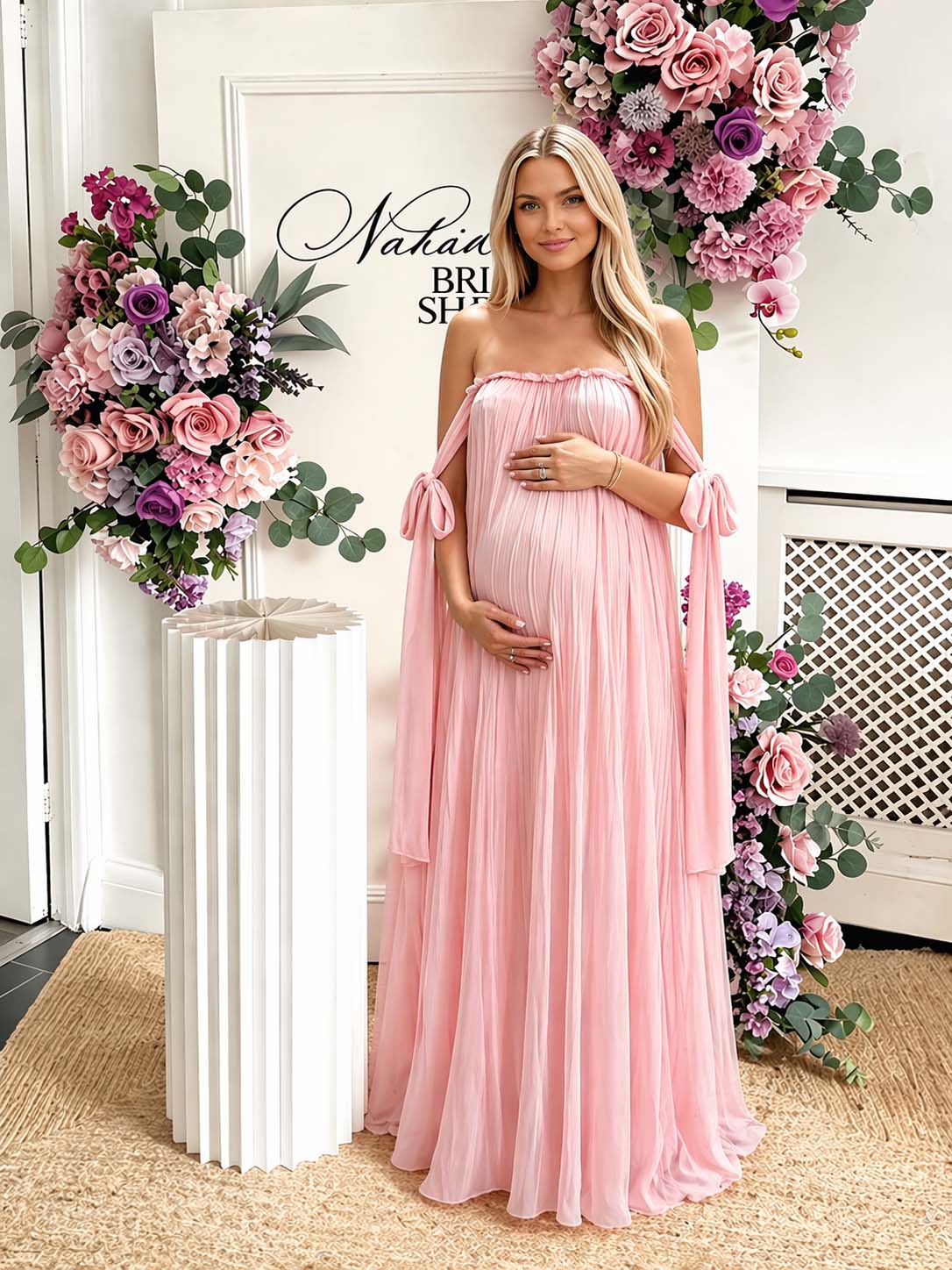 Momyknows Pink Off Shoulder Lace Up Big Swing Backless Maternity Baby Shower Maxi Dress
