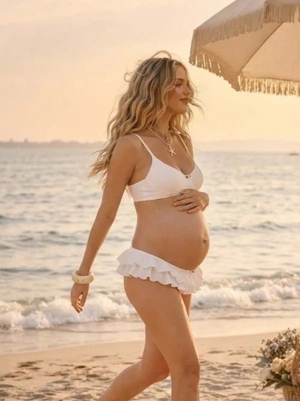 Momyknows White Ruffle Lace-up Backless Spaghetti Strap Three Piece Bikini Maternity Swimsuit - White - 2
