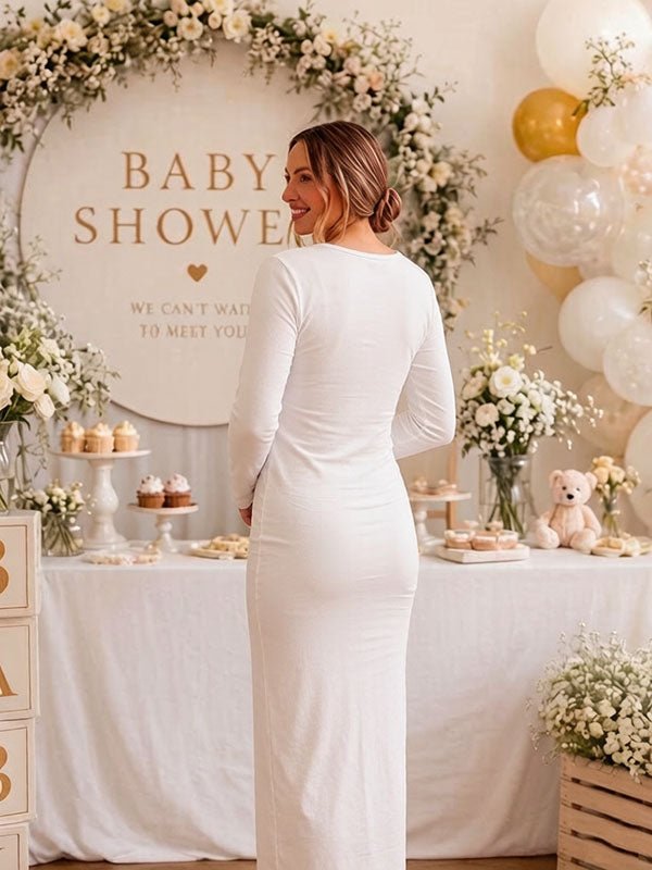Momyknows Elegant White Bodycon Ruched Side Draped Baby Shower Maternity Maxi Dress - White - 4