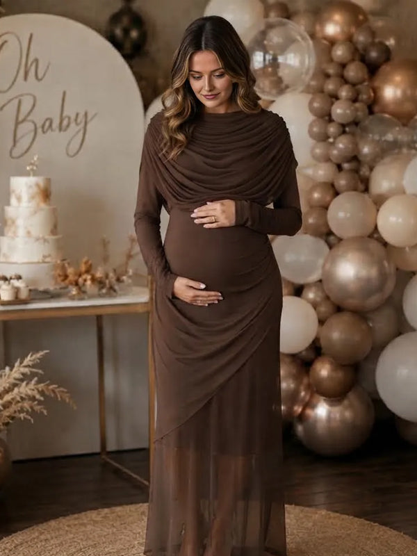 Coffee Ruched Maternity Maxi Dress with Open Collar Detail and Flattering Silhouette