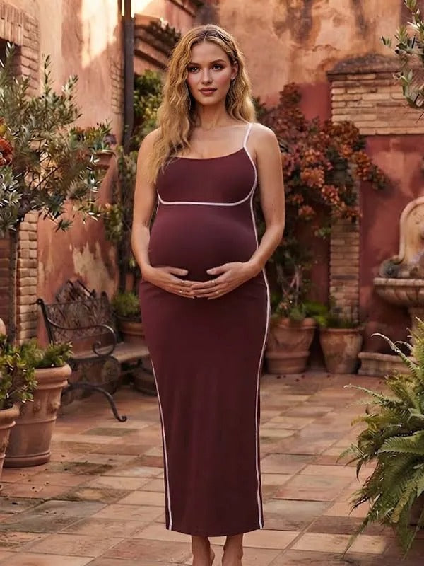 Momyknows Red Spaghetti Strap Bodycon Maternity Photoshoot Maxi Dress