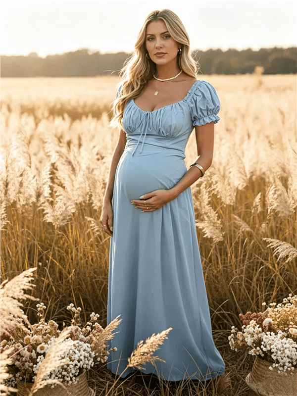 Momyknows Ruffle Ruched Lace-Up Big Swing Boho Western Maternity Maxi Dress, Pink / XL