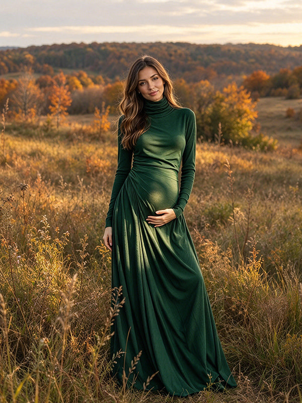 Green High Neck Maternity Maxi Dress with Ruched Design and Pocket Detail and Graceful Fit, Photoshoot Occasion