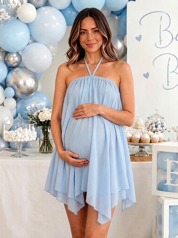 Momyknows Chic Blue Flowy Lace-Up Halter Neck Irregular Backless Maternity Baby Shower Mini Dress, Blue / S