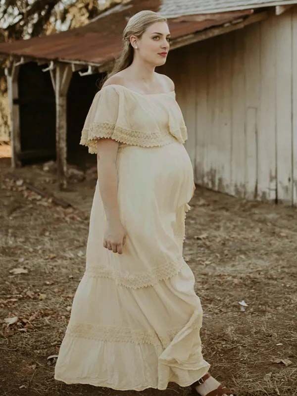 Momyknows Ivory White Off Shoulder Lace Ruffle Big Swing Boho Maternity Maxi Dress Momyknows Ivory White Off Shoulder Lace Ruffle Big Swing Boho Maternity Maxi Dress