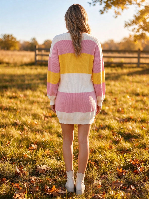 Pink Maternity Mini Dress with Color-Block Crochet Details and Flattering V-Neck Fit