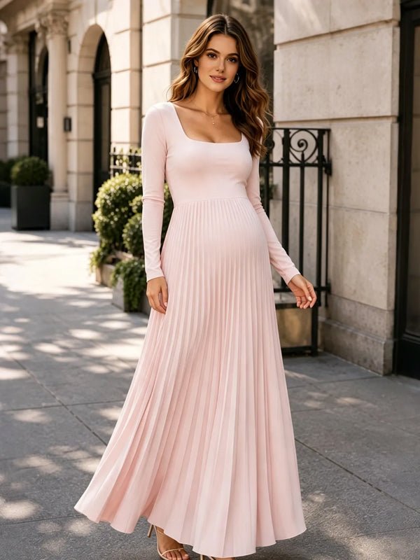 Momyknows Square Neck Long Sleeve Backless Pleated Photoshoot Maternity Maxi Dress - Pink - 1