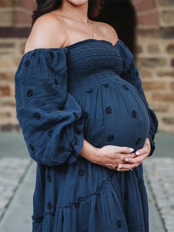 Momyknows Sun Flowers Square Smocked Neck Puff Sleeve Big Swing Flowy Baby Shower Photoshoot Maternity Maxi Dress Light Brown / S Momyknows Sun Flowers Square Smocked Neck Puff Sleeve Big Swing Flowy Baby Shower Photoshoot Maternity Maxi Dress Light Brown / S