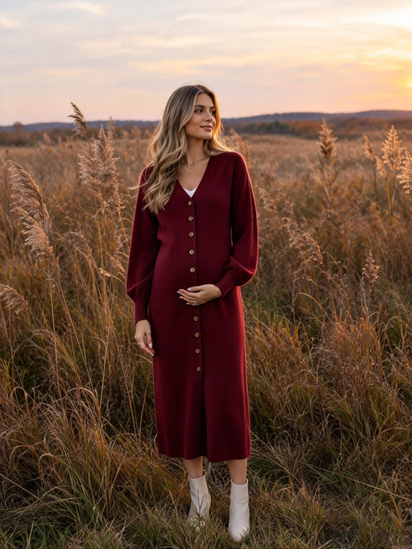Red Deep V Neck Maternity Midi Dress with Textured Crochet Knit and Button Front
