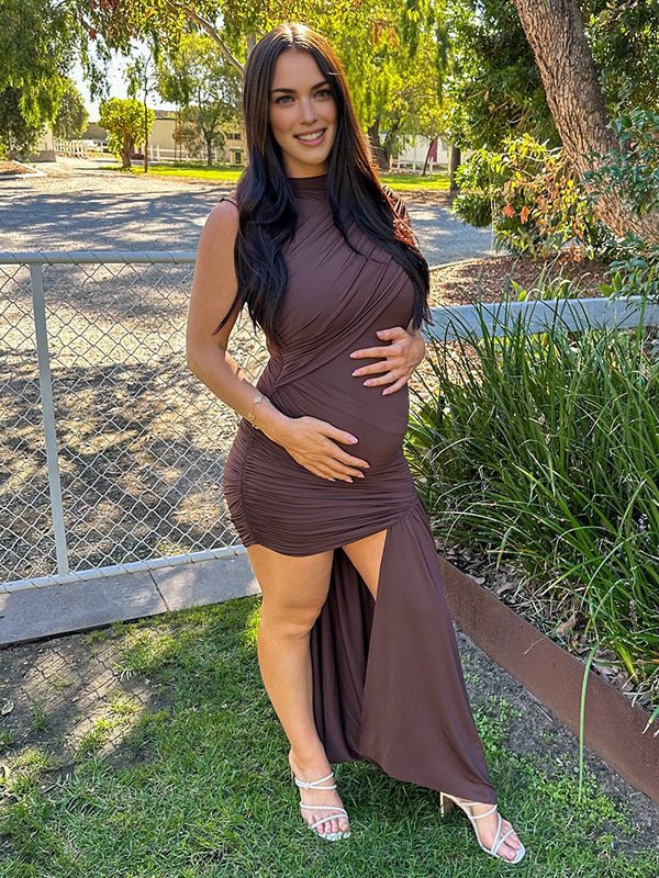 Momyknows Chic Brown Ruched Side Draped Bodycon Irregular Asymmetric Shoulder Baby Shower Maternity Mini Dress, Brown / M