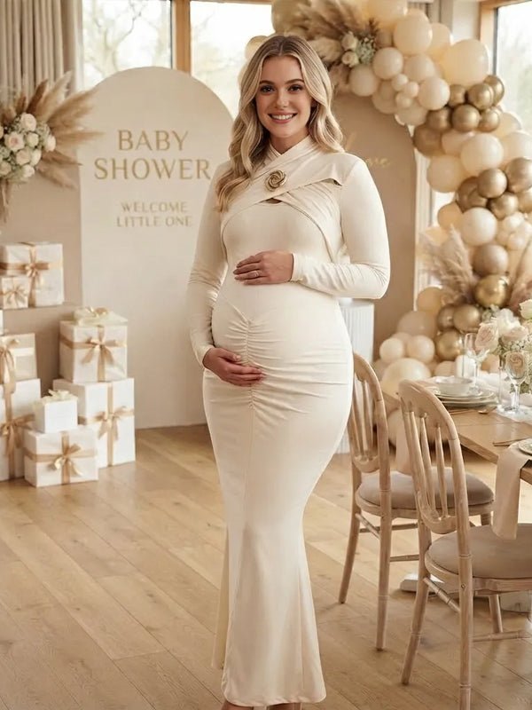 Momyknows Long Sleeve Cut Out Ruffle Side Slit Splicing Babyshower Maternity Midi Dress - Apricot - 1