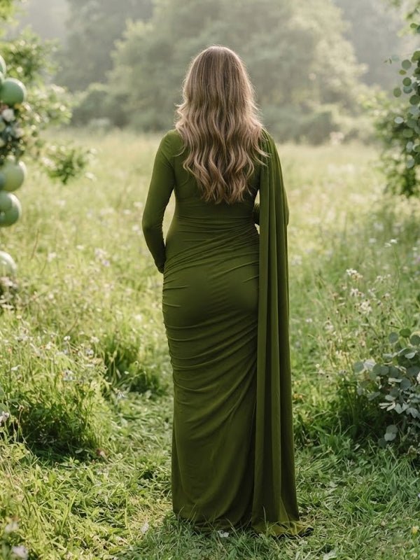 Momyknows Green Ruched Ribbon Bodycon Maternity Baby Shower Maxi Dress