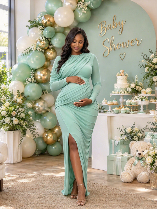Blue Maternity Maxi Dress with Side Slit and Ruched Bodice