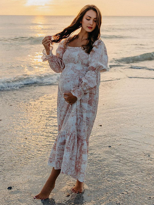 Momyknows Ruffle Ruched High Waist Puff Sleeve Cute Photoshoot Maternity Maxi Dress Red / S Momyknows Ruffle Ruched High Waist Puff Sleeve Cute Photoshoot Maternity Maxi Dress Red / S
