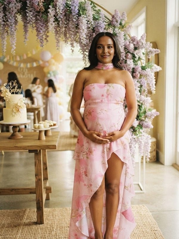 Momyknows Print Ruffle Ribbon Side Slit Bodycon Maternity Baby Shower Maxi Dress - Pink - 8
