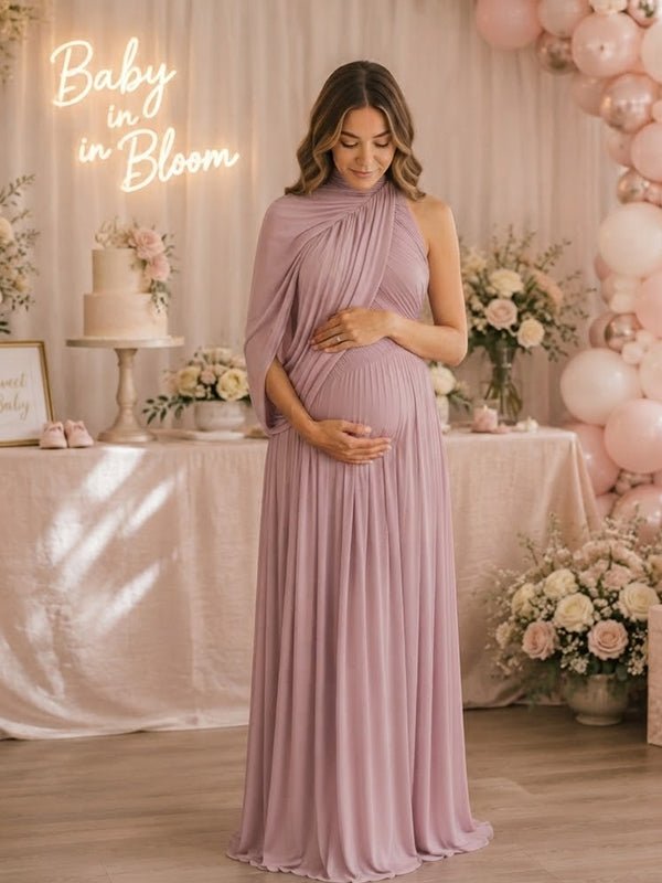 Momyknows Pink Oblique Shoulder Halter Neck Ruched Big Swing Maternity Baby Shower Maxi Dress - Pink - 2