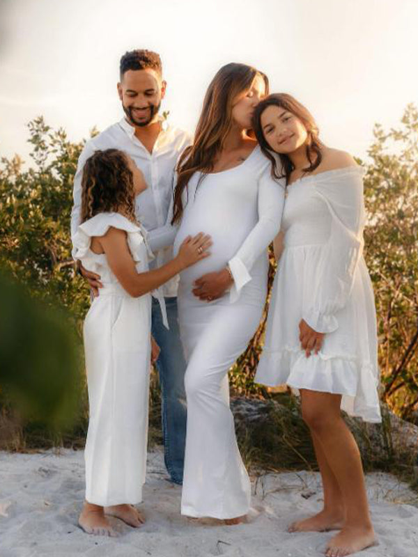 Momyknows Elegant Long Sleeve Maternity Dress Ultimate Baby Shower Outfit White Bodycon Dress