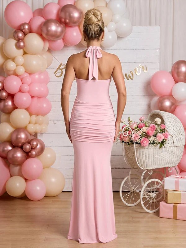 Momyknows Ruched Bowknot Draped Backless Halter Neck Bodycon Baby Shower Maternity Maxi Dress, Pink / M